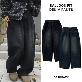 Back Pocket Washed Wide Balloon Denim Pants