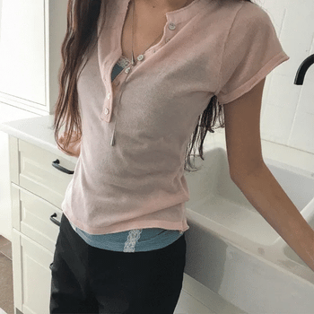Yujuah Button V-neck Short Sleeve Knit