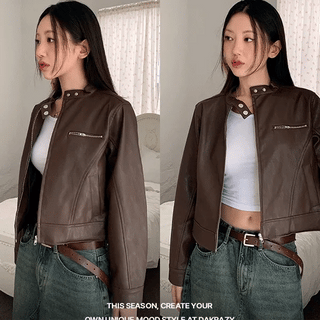 Collarless Biker Rider Leather Jacket