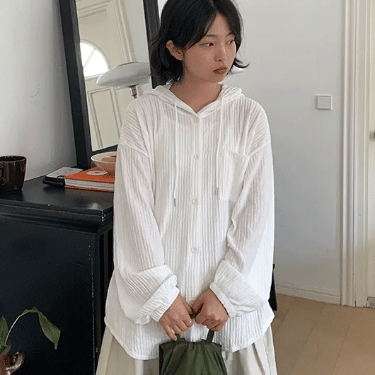 Anpiki Seersucker Hooded Long Sleeve Shirt