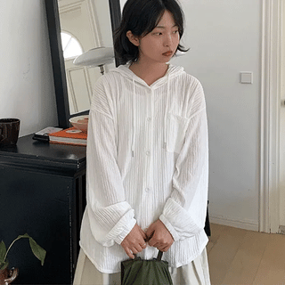 Anpiki Seersucker Hooded Long Sleeve Shirt
