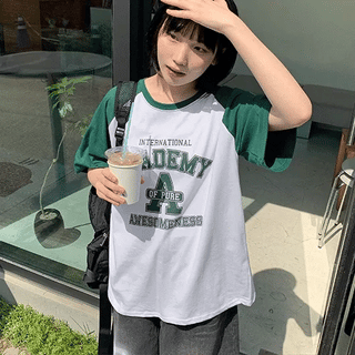 Wenta Lettering Color Block Raglan Short Sleeve T-shirt