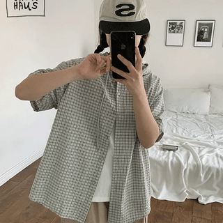 Half-Pla Check Hooded Short Sleeve Shirt