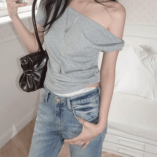 Dnine Twisted Asymmetrical Off-Shoulder T-shirt