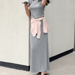 Tea Tree Summer Ribbed Halter Sleeveless Maxi Skirt Set