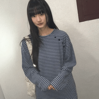 Bea Diagonal Henley Neck Striped Long Sleeve Tee