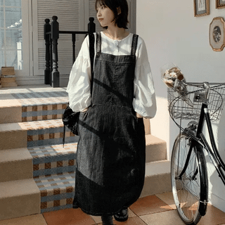 Moeti Check Color Block Pocket Denim Suspender Dress
