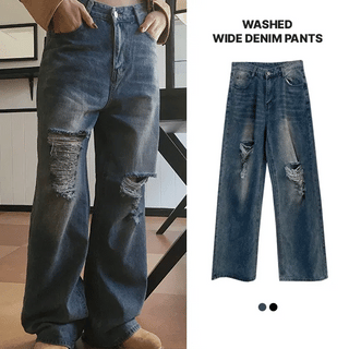 Noir Damaged Wash Wide Denim Pants