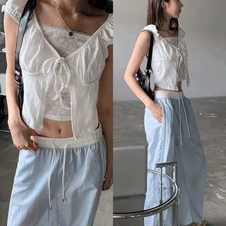 Elu See-through Lace Puff Blouse