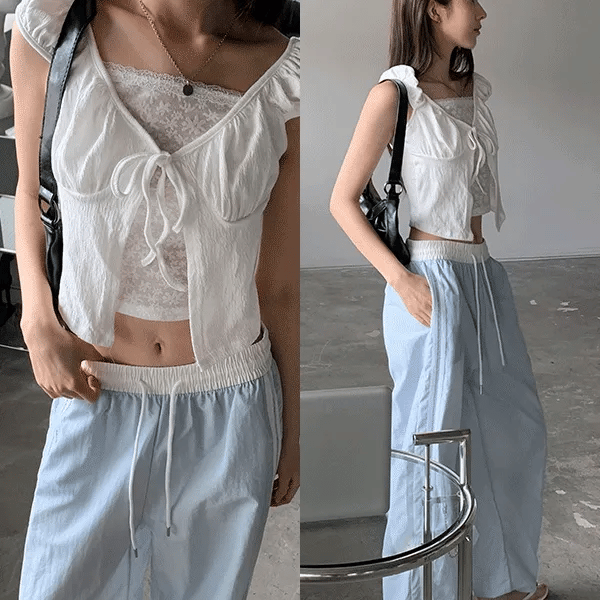Elu See-through Lace Puff Blouse