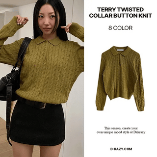 Color Terry Cable Knit Collar Button Knit