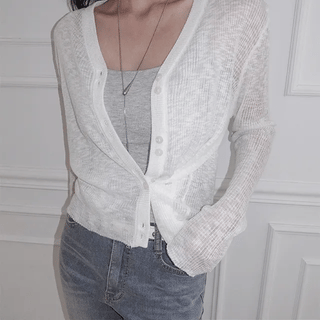Moodion See-through Ribbed Two-Button Cardigan
