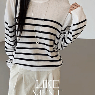 Begony Summer Stripe Loose Fit HalfButton Knit