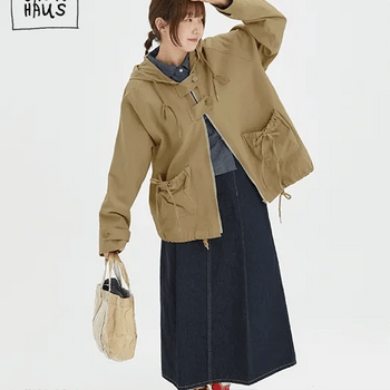 Cooningd Ribbon Pocket Cotton Hooded Jacket