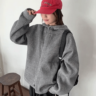 Roeri High-Neck Over-Hooded Ribbed Knit Cardigan