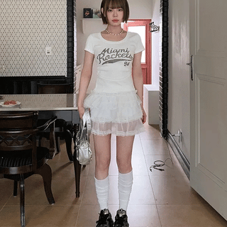 See-through chiffon tiered mini elastic skirt