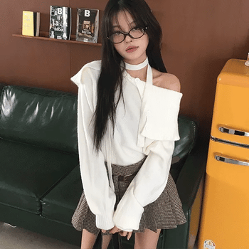 Half Off-Shoulder Button Knit