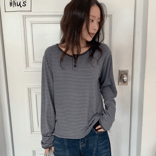 Peltz Striped Henley Neck Long Sleeve Tee