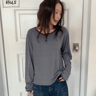 Peltz Striped Henley Neck Long Sleeve Tee