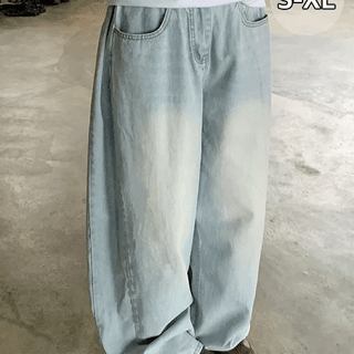 Kirn Side Folding Washed Light Blue Balloon Wide Denim Pants