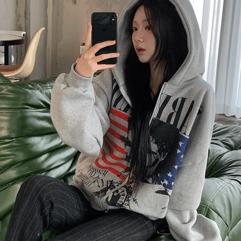 American Flag Crop Boxy Zip-Up Hoodie