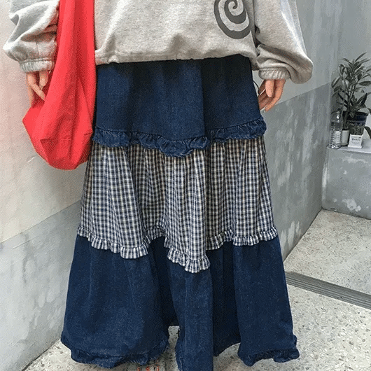Hoyum Vintage Denim Check Long Skirt