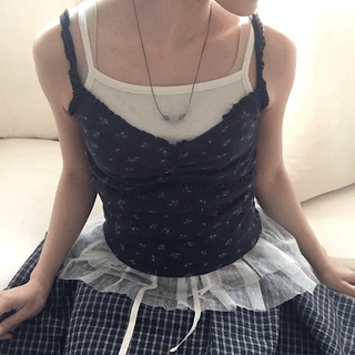 Striped Lace Sleeveless / Slip Camisole Top Striped Sleeveless Strap Sleeveless Vintage Mori Girl Layered Rock Chic High Teen