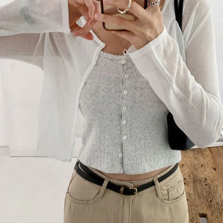 Eyelet punched button sleeveless top