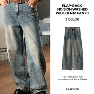 Flap back cut-out washed wide denim pants