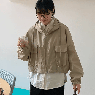Fdon Pocket String Crop Hooded Jumper