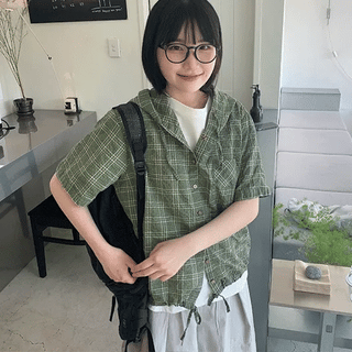 Missito Check String Hooded Short Sleeve Shirt