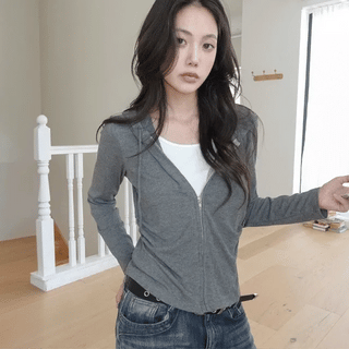 Bnon Slim Fit Ribbed Round Neck Zip-Up Hoodie
