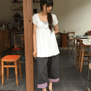 Nahills Shirred Short Sleeve Layered Ribbon Ribbed Tee