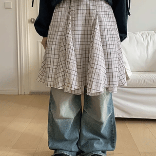 Tokui Check Asymmetrical Elastic Waist Midi Skirt