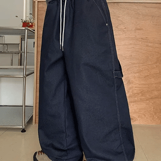 Demen Elastic Carpenter Cotton Wide Denim Pants