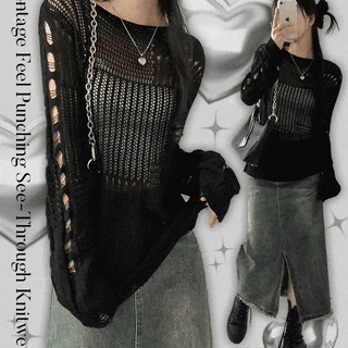 Unique Damaged Mesh Knit Top  Delicate Fit Loose Fit Damaged Knit Vintage Y2K Summer Long Sleeve Cover-up Layered Mesh Knit Mesh Knit See-through Long Sleeve Tee Knit Summer Salanta Summer Knit
