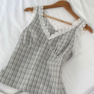 Paper check lace blouse