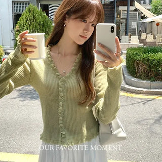 Ruffle Ribbed Linen Cardigan