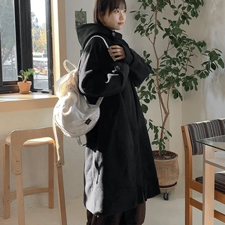 Pombus check color-block hooded long coat