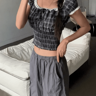 Romance Crop Lace Check Blouse