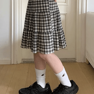 Bemt Seersucker Check Elastic Waist Midi Skirt