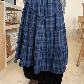 Roheny Elastic Check Frill Tiered Long Skirt