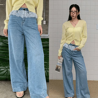 Lace Contrast Wide Denim Pants