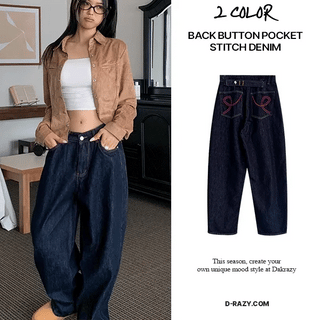 Back buckle pocket stitch raw denim pants