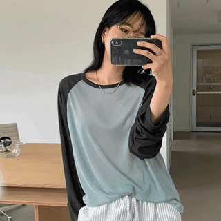 Irina Summer Silky Loose Fit Raglan Color Block Long Sleeve Tee