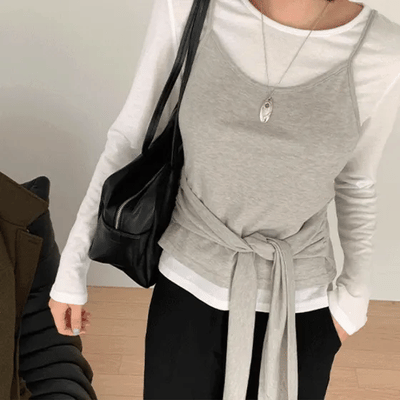 Zero Layered Strap Sleeveless Long Sleeve Tee Set