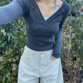Diagonal Deep V-Neck Crop T-Shirt