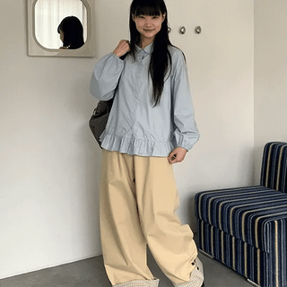 Monique Check Color Block Cotton Wide Elastic Pants