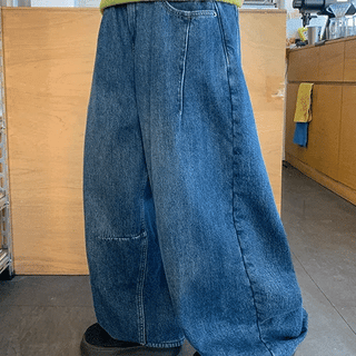 Kurotsu Elastic Banding Mink Fleece Balloon Wide Denim Pants
