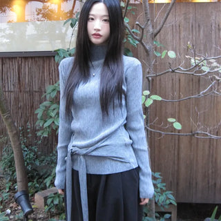 Mock Neck Pleated Wrap T-shirt